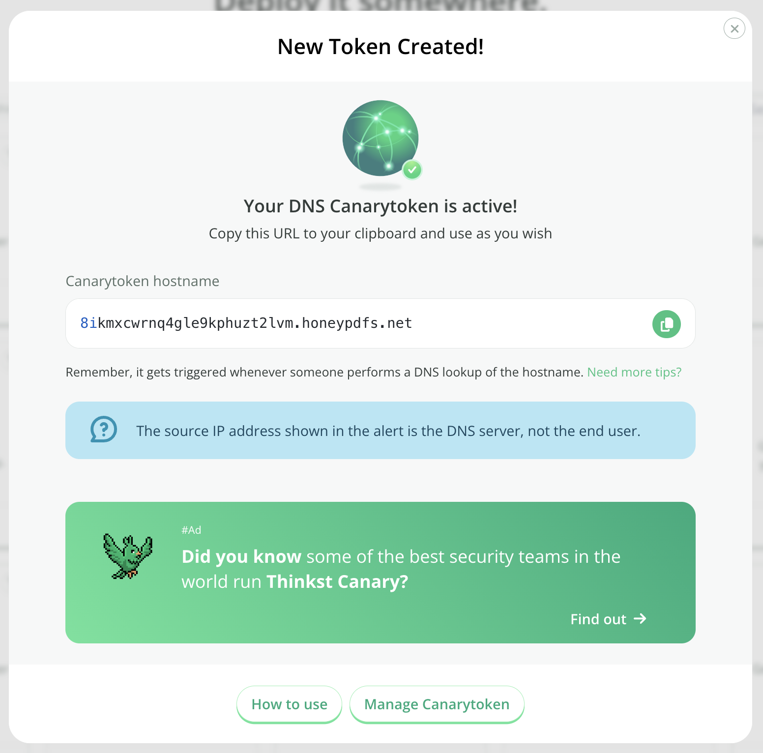 Created an HTTP Canarytoken